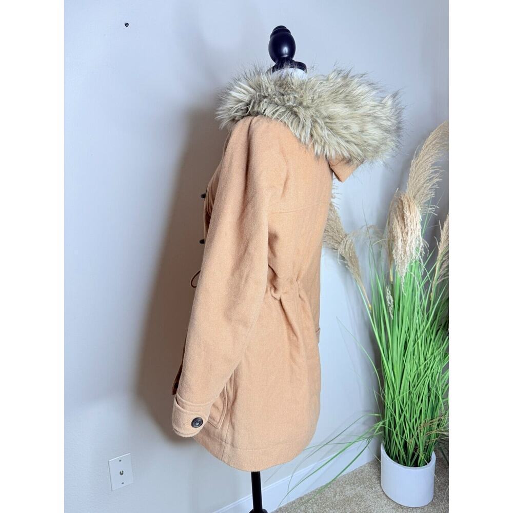 Abercrombie & Fitch Hooded Fur Trim Wool Toggle Peacoat Parka Womens M Camel Tan - Picture 4 of 13